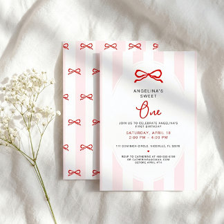 Pink Stripes & Red Bow Sweet One First Birthday Invitation