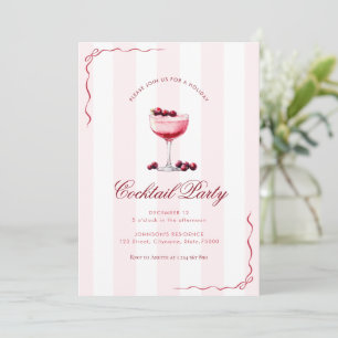 Pink Stripes & Red Bows Holiday Cocktail Party Invitation