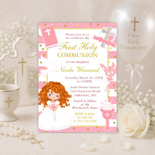 Pink Stripes Red Hair Girl First Holy Communion Invitation
