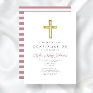 Pink Stripes Religious Cross Girl Confirmation Invitation