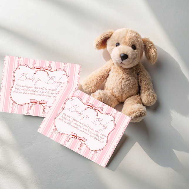 Pink stripes retro bow baby shower book request enclosure card (Pink stripes retro bow baby shower book request enclosure cards books for baby cards)
