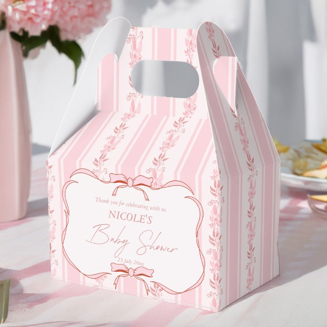 Pink stripes retro bow baby shower favours custom favour box (Pink stripes retro coquette bow baby shower favors personalized  favor boxes)