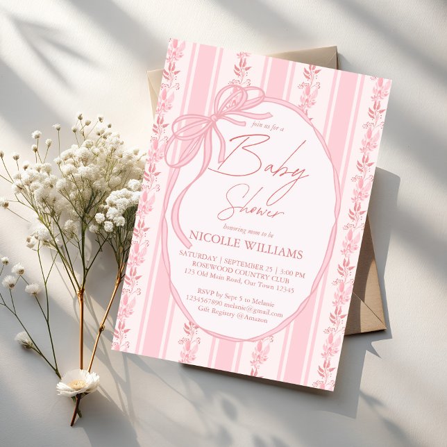 Pink stripes retro bow border elegant baby shower invitation (Grand millennial Pink stripes retro bow border elegant baby shower invitation cards template)