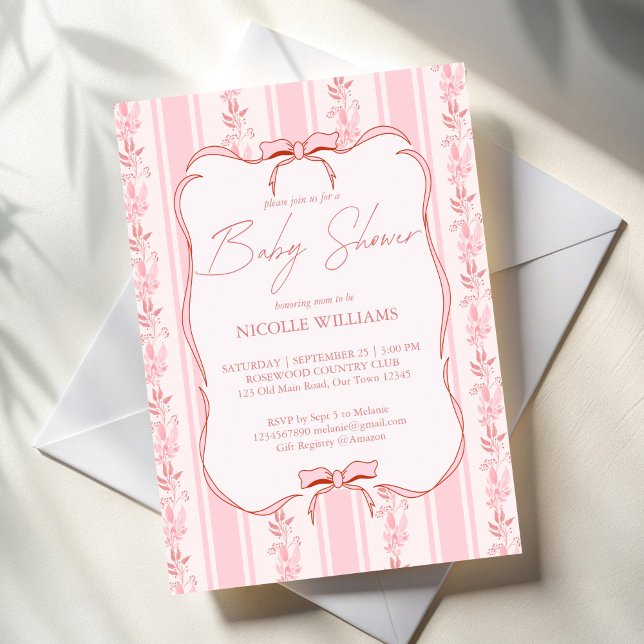 Pink stripes retro bow border elegant baby shower invitation (Pink stripes retro bow border coquette elegant baby shower invitation cards template)