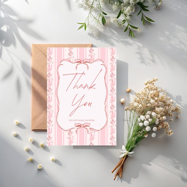 Pink stripes retro bow border elegant baby shower thank you card (Pink stripes retro bow border elegant baby shower thank you cards)