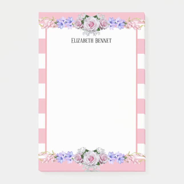 Pink Stripes Rose Personalised Floral Post-It Note (Front)