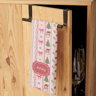 Pink Stripes Santa Christmas Bows Trees and Lights Tea Towel
