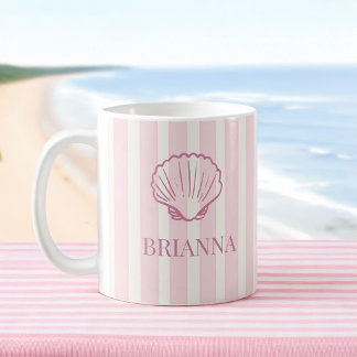 Pink stripes seashell bridesmaid gifts monogrammed coffee mug