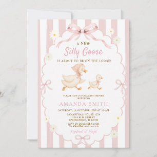 Pink Stripes Silly Goose Daisy Floral Baby Shower Invitation