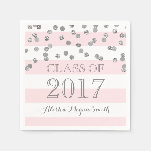 Pink Stripes Silver Confetti  2017 Graduation Napkin (Front)