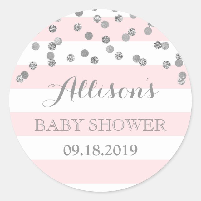 Pink Stripes Silver Confetti Baby Shower Favour Classic Round Sticker (Front)