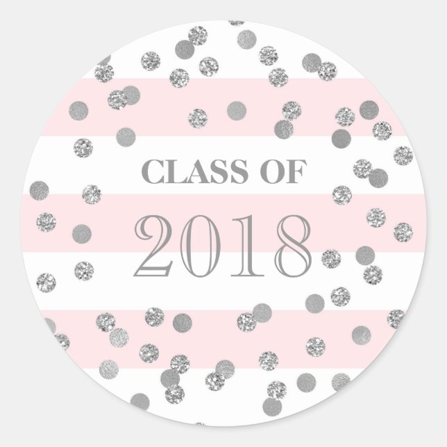 Pink Stripes Silver Confetti Grad Class 2018 Classic Round Sticker (Front)