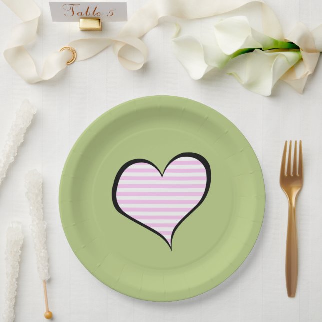Pink Stripes, Striped Pattern, Lines, Heart Paper Plate (Wedding)
