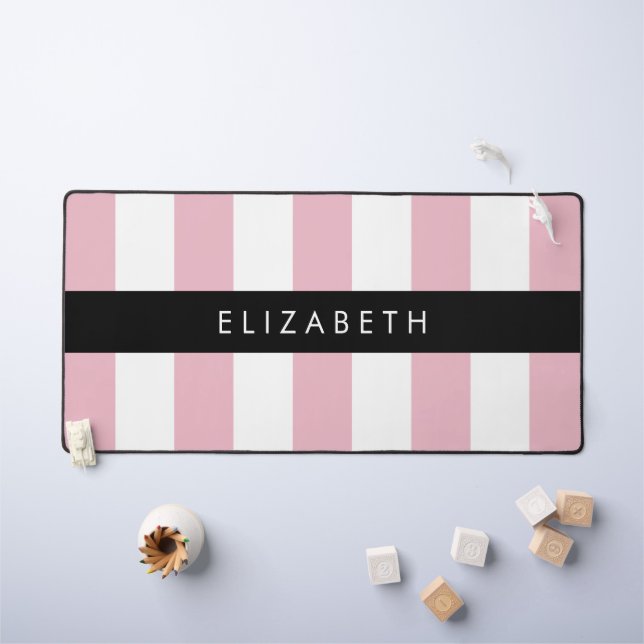 Pink Stripes, Striped Pattern, Lines, Your Name Desk Mat (Kids Table)