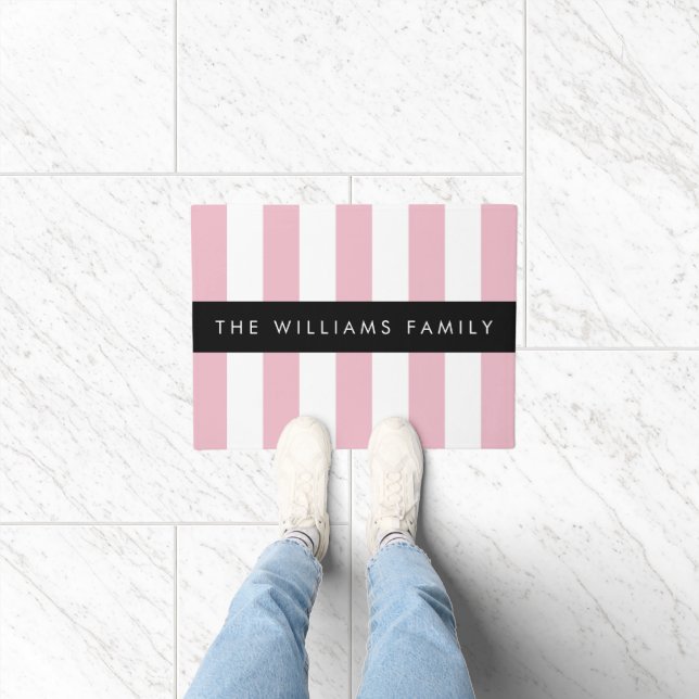 Pink Stripes, Striped Pattern, Lines, Your Name Doormat (Indoor)