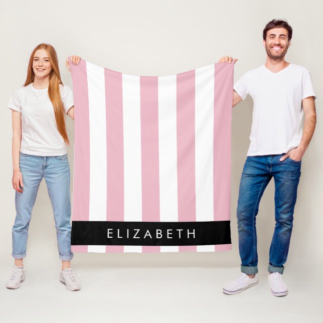 Pink Stripes, Striped Pattern, Lines, Your Name Fleece Blanket (In Situ)