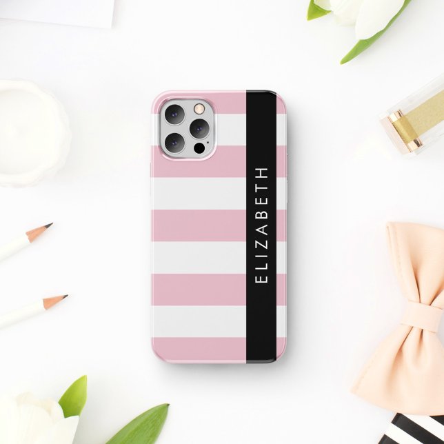 Pink Stripes, Striped Pattern, Lines, Your Name iPhone 16 Case (Creator Uploaded)
