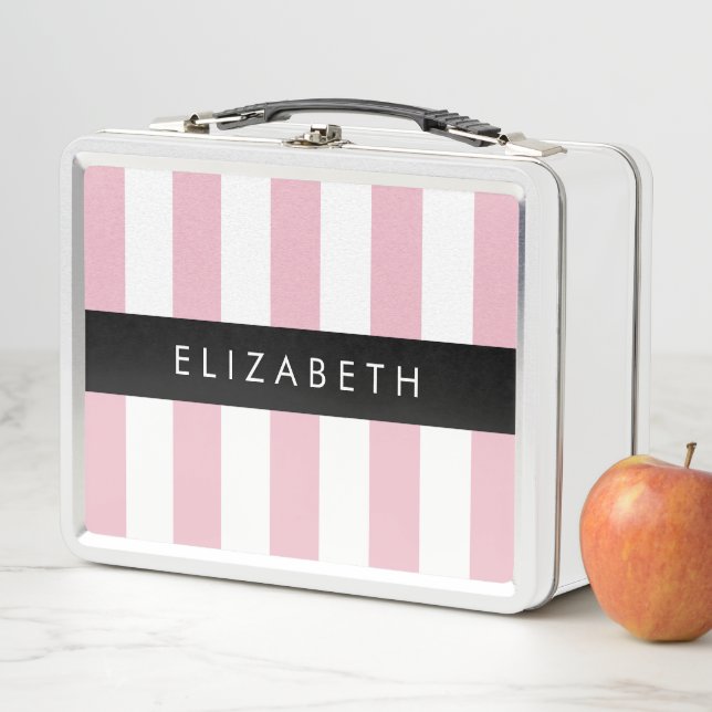 Pink Stripes, Striped Pattern, Lines, Your Name Metal Lunch Box (In Situ)