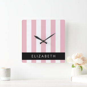 Pink Stripes, Striped Pattern, Lines, Your Name Square Wall Clock