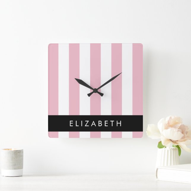 Pink Stripes, Striped Pattern, Lines, Your Name Square Wall Clock (Home)