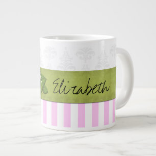 Pink Stripes, Stripes, Striped Pattern, Your Name Large Coffee Mug
