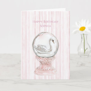 Pink Stripes Swan Birthday Card