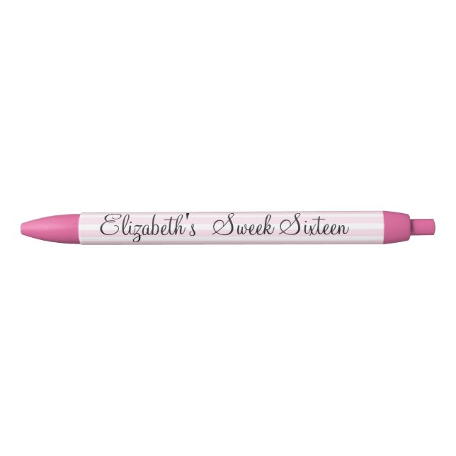 Pink Stripes, Sweet Sixteen, Party Favour Black Ink Pen (Front)