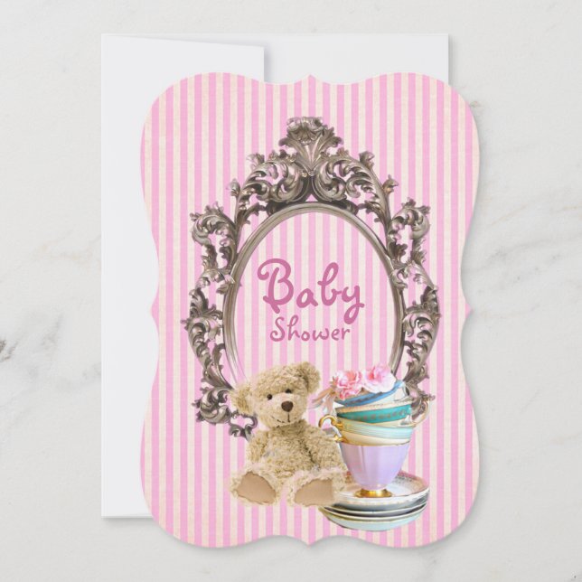 pink stripes teddy bear baby shower invitations (Front)
