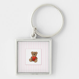 Pink Stripes - Teddy Bear with Valentines Heart Key Ring