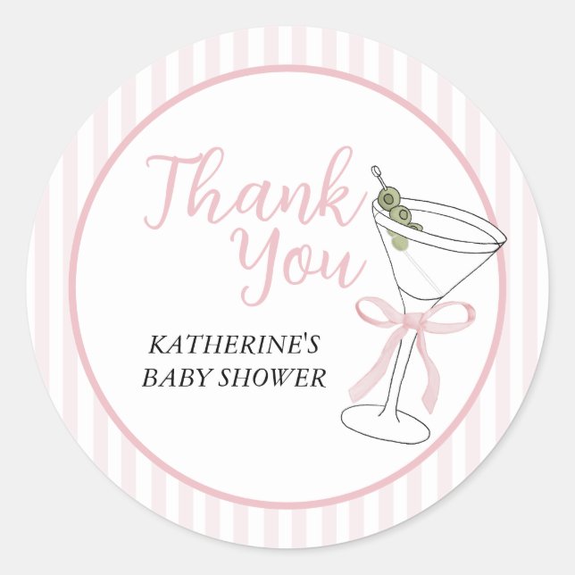 Pink Stripes Tini One Is on the Way Thank You Classic Round Sticker (Front)