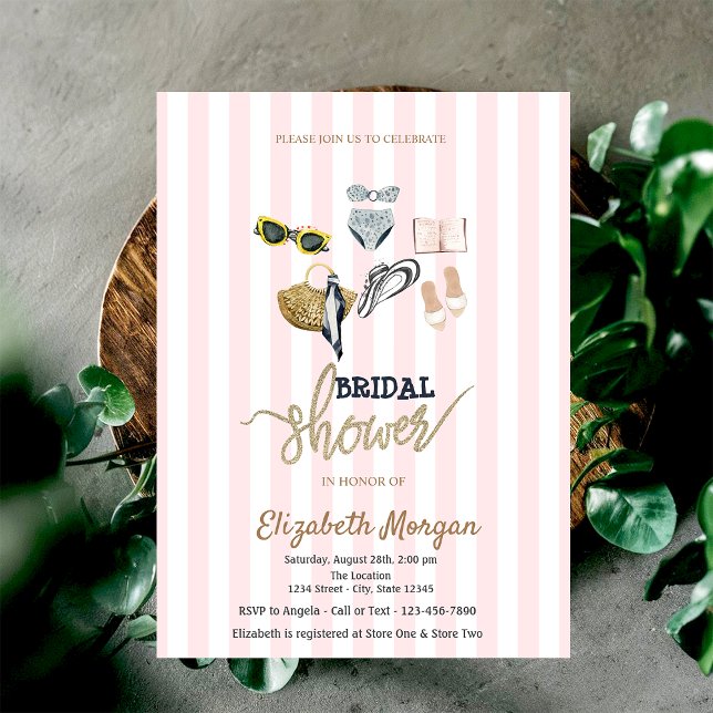 Pink Stripes Tropical Beach Bridal Shower Invitation (Creator Uploaded)