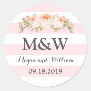 Pink Stripes Vintage Floral Monogram Wedding Classic Round Sticker