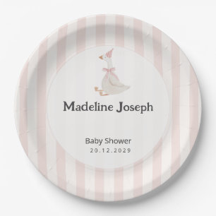 Pink Stripes Watercolor Goose Girl Baby Shower Paper Plate