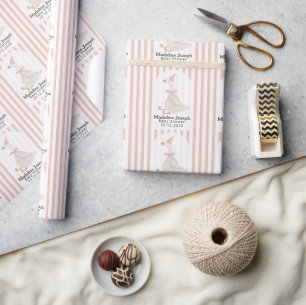 Pink Stripes Watercolor Goose Girl Baby Shower Wrapping Paper