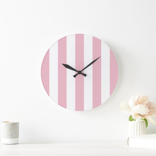 Pink Stripes, White Stripes, Striped Pattern Large Clock (Home)