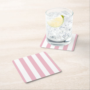 Pink Stripes, White Stripes, Striped Pattern Square Paper Coaster