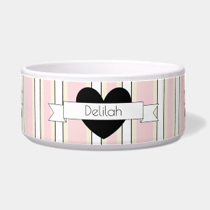 Pink Stripes with Black Heart Dog Food Bowl HAMbWG