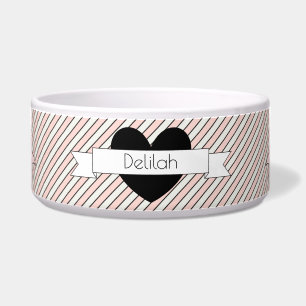 Pink Stripes with Black Heart Dog Food Bowl HAMbWG