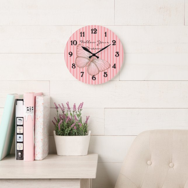 Pink Stripes with Butterfly Large Clock (Reading Room)