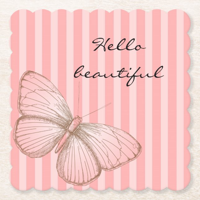 Pink Stripes with Butterfly Paper Coaster (Front)