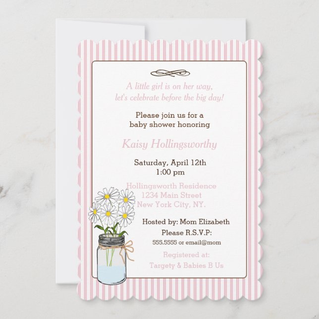 Pink Stripes with Flowers in Mason Jar Baby Shower Invitation (Front)