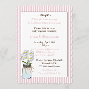 Pink Stripes with Flowers in Mason Jar Baby Shower Invitation