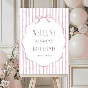 Pink Stripes with Frame Girl Baby Shower Welcome Poster