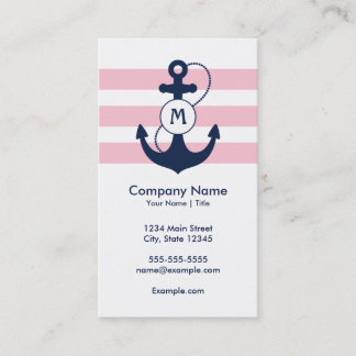 Pink Stripes with Nautical Anchor and Monogram Business Card