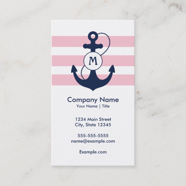 Pink Stripes with Nautical Anchor and Monogram Business Card (Front)