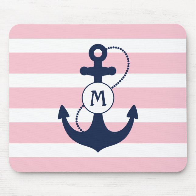 Pink Stripes with Nautical Anchor and Monogram Mouse Mat (Front)