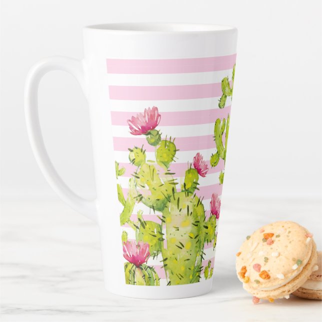 Pink Stripes with Prickly Pear Cactus Watercolor Latte Mug (In Situ)