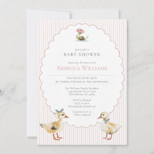 Pink Stripes Woodland Duckling Bow Baby Shower Invitation