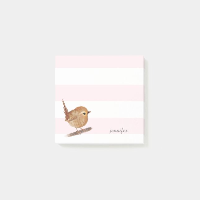 Pink Stripes Wren Bird Post-it® Notes (Front)