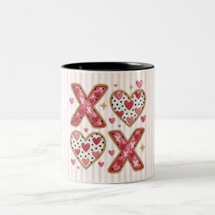 Pink Stripes XOXO hearts Two-Tone Coffee Mug